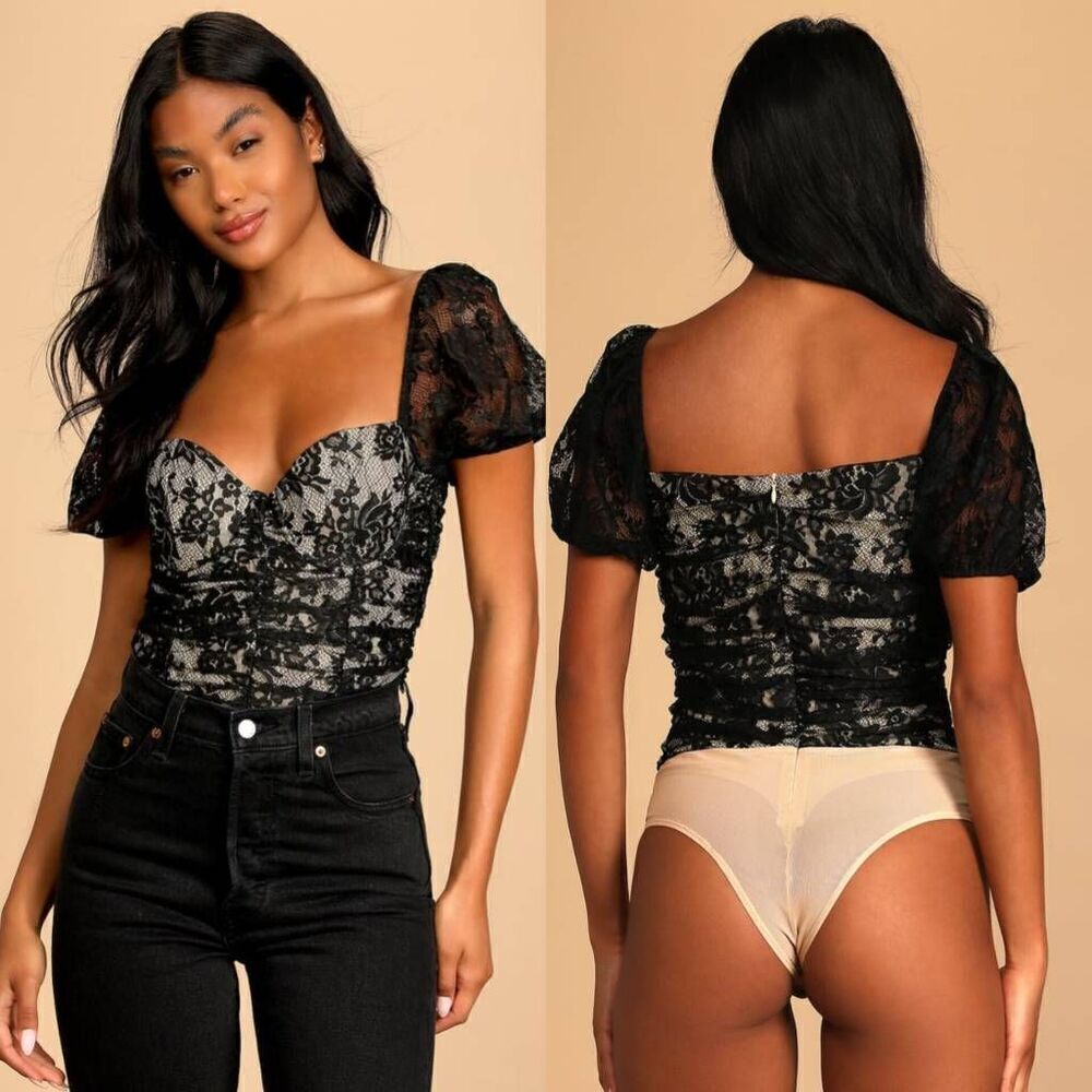 Lulus Elegant Demeanor Black Lace Puff Sleeve Bustier Bodysuit L NWT